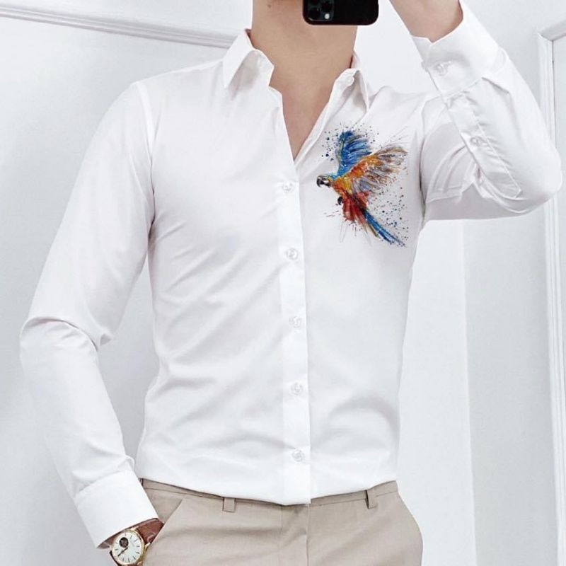 Áo Sơ Mi Đôi Nam Nữ Tay Dài Thiêu Chim Vẹt màu | BigBuy360 - bigbuy360.vn