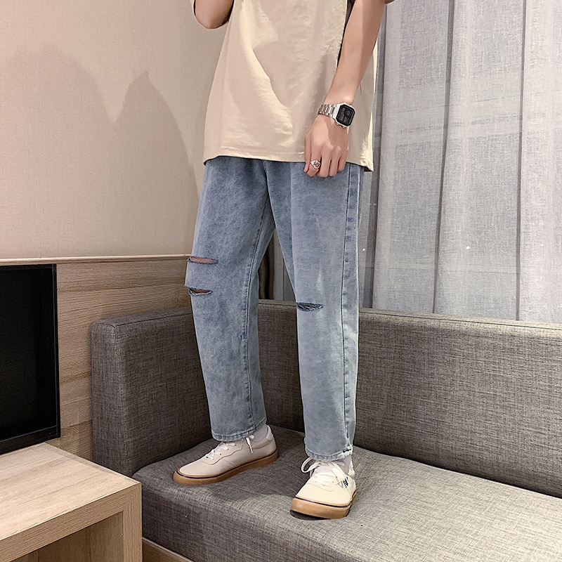 Quần Jean Baggy Màu Xanh, Không Phai Màu, Rách 3 Cạnh Cá Tính Dành Cho Cả Nam Và Nữ