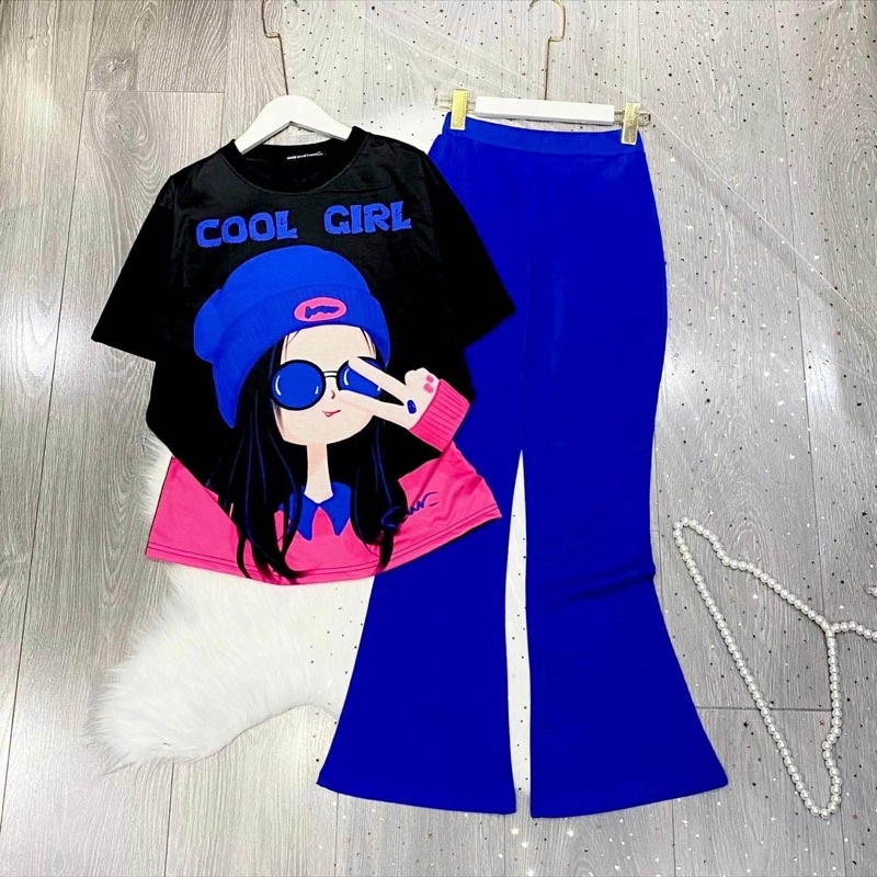 Set Bộ Áo Thun 3D Tay Lở Quần Suông Loe Trơn-Sọc Ảnh Thật