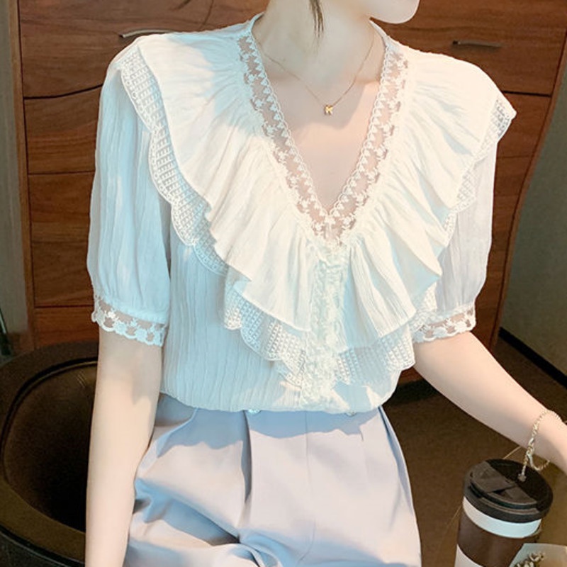 Áo Sơ Mi Ngắn Tay Cổ Chữ v Phối Ren Xinh Xắn Thời Trang 164158 Áo Sơ Mi Phối Bèo Dáng Ôm Phong Cách Hàn Quốc Dễ Phối Đồ Thời Trang