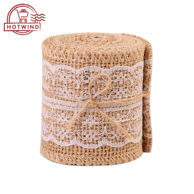 Cuộn ruy băng vải bố tự nhiên phối ren 2m dùng cho trang trí