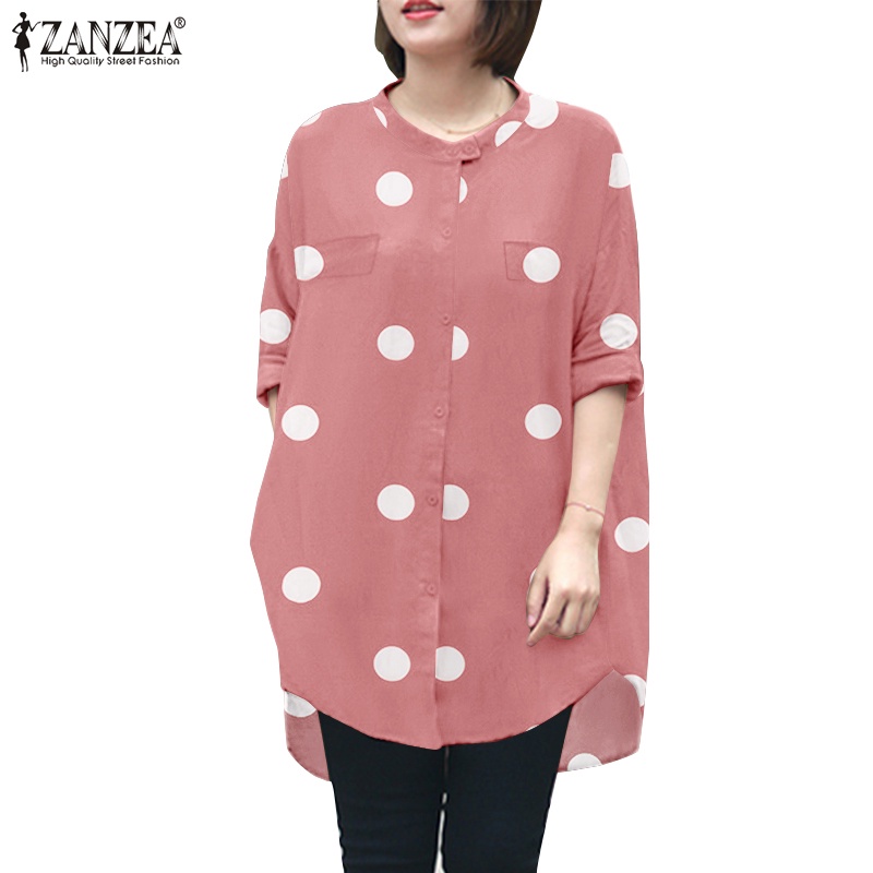 Áo sơ mi Zanzea cổ tròn tay lỡ họa tiết chấm bi thời trang phong cách retro cho nữ