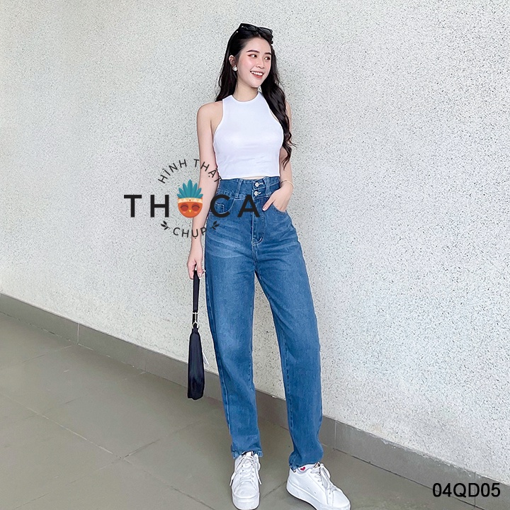 Quần jeans nữ wax baggy lưng cao kiểu 2 nút 398 THOCA HOUSE trẻ trung, cá tính đẹp chuẩn form