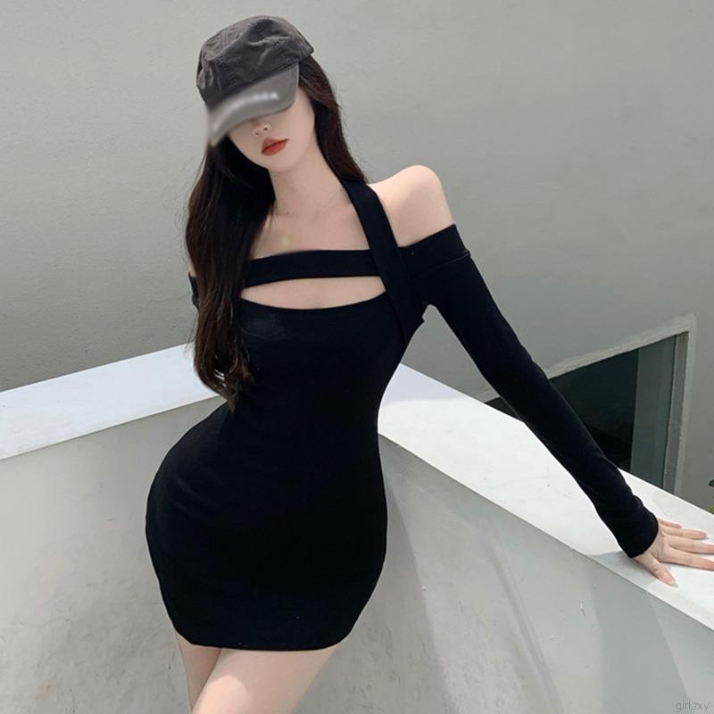 Đầm mini ôm dáng tay dài hở vai màu trơn cổ yếm hở vai thiết kế rỗng phong cách Hàn Quốc cho nữ