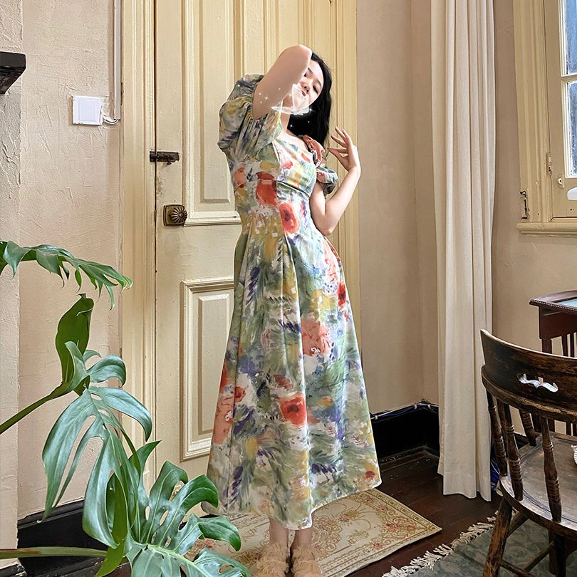 ❦▦◘Váy in tranh sơn dầu nữ 2021 mùa hè phong cách mới cổ điển Pháp dài vuông tay phồng hoa [vận chuyển trong vòn