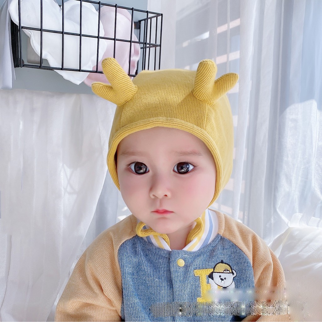 Nón vải cotton cột dây có sừng đáng yêu cho bé