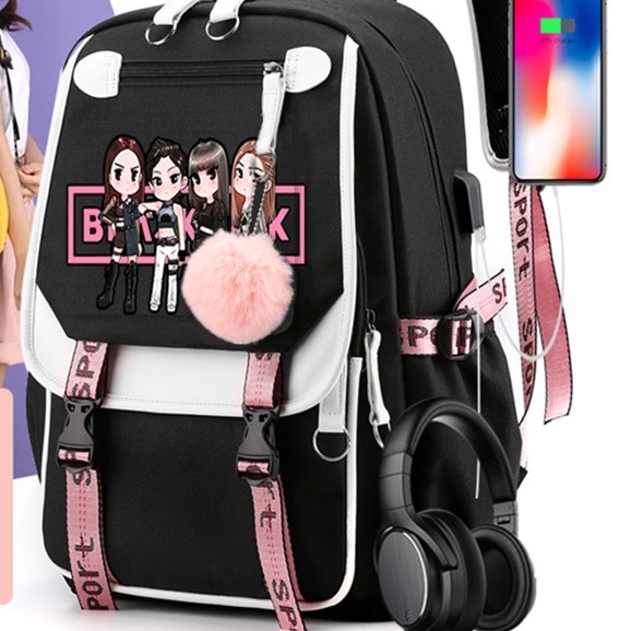 Ba Lô Cầu Bông Hồng In Hình Nhóm Nhạc Blackpink cặp sách Có Cổng Sạc Usb