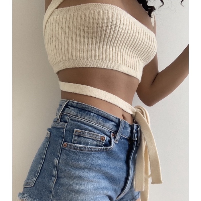 Áo Len Croptop Đan Cột Nơ Trước