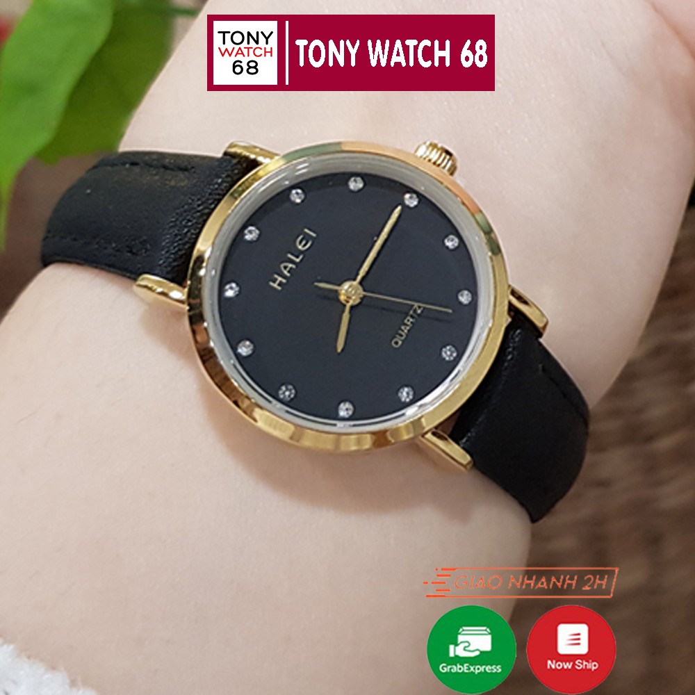 Đồng hồ cặp đôi nam nữ Halei mặt đá dây da đen chính hãng Tony Watch 68 | BigBuy360 - bigbuy360.vn