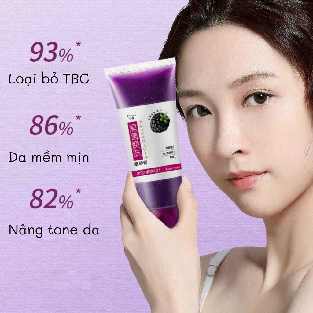 Tẩy tế bào chết body toàn thân GINBI 200ML, Gel tẩy tế bào chết chiết xuất quả mâm xôi giúp làm sạch, dưỡng trắng da