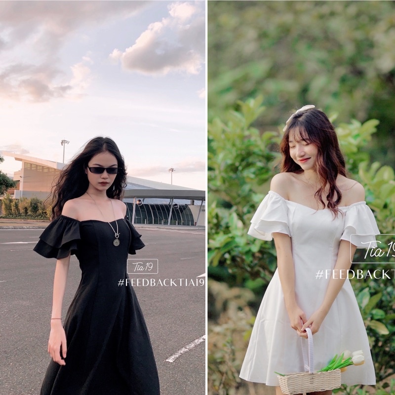 Váy trễ vai tay bèo Tia19. Đầm rớt vai dáng xoè dự tiệc ulzzang ( Ảnh thật)
