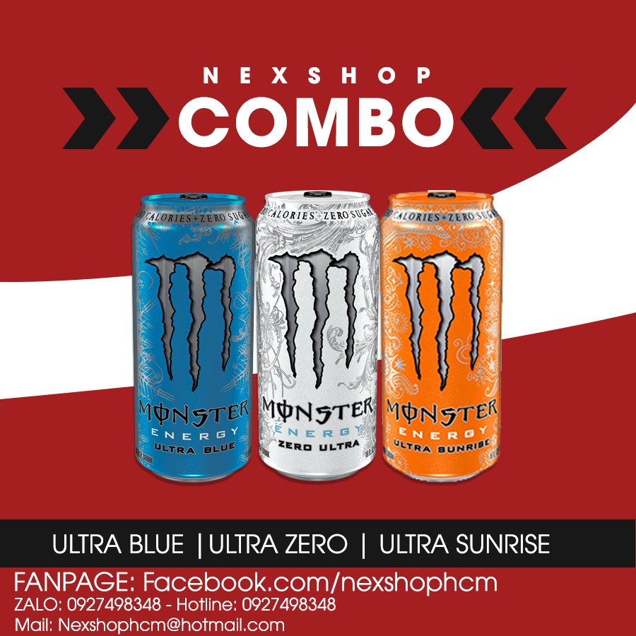 COMBO Set 3 Lon Monster Blue/ Red/ Black Ultra Không Đường 473ml Mỹ