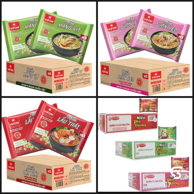 Thùng 24 gói miến Phú Hương 58/55g/ Thùng 24 gói miến Vifon vị sườn heo/ măng vịt/ lẩu thái