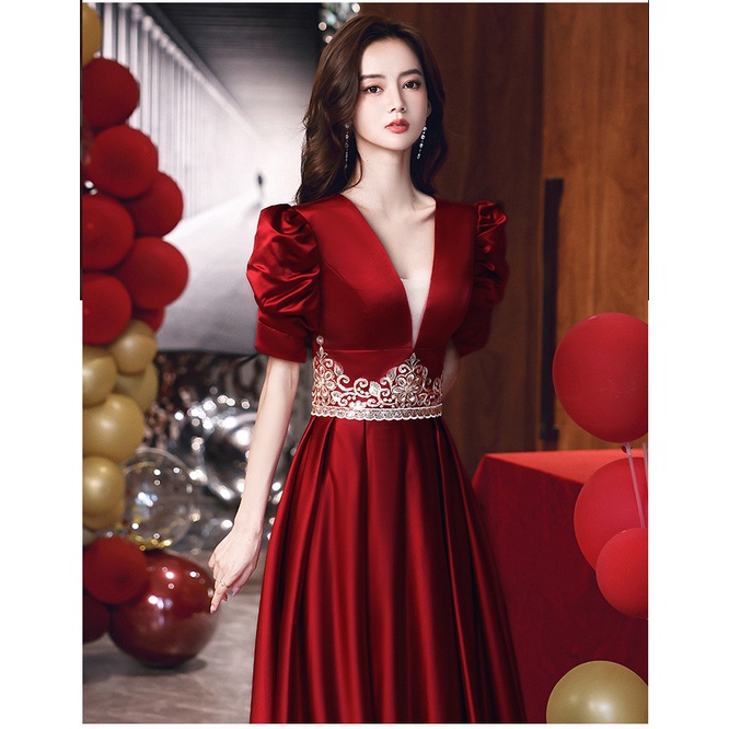 Đầm Dự Tiệc Vải Satin Tay Ngắn Dáng Ôm Dài Màu Đỏ Thời Trang Sang Trọng Cho Nữ