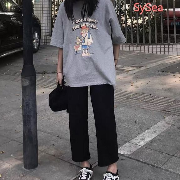 Set áo thun ngắn tay form rộng và quần ống rộng thời trang thích hợp cho nữ