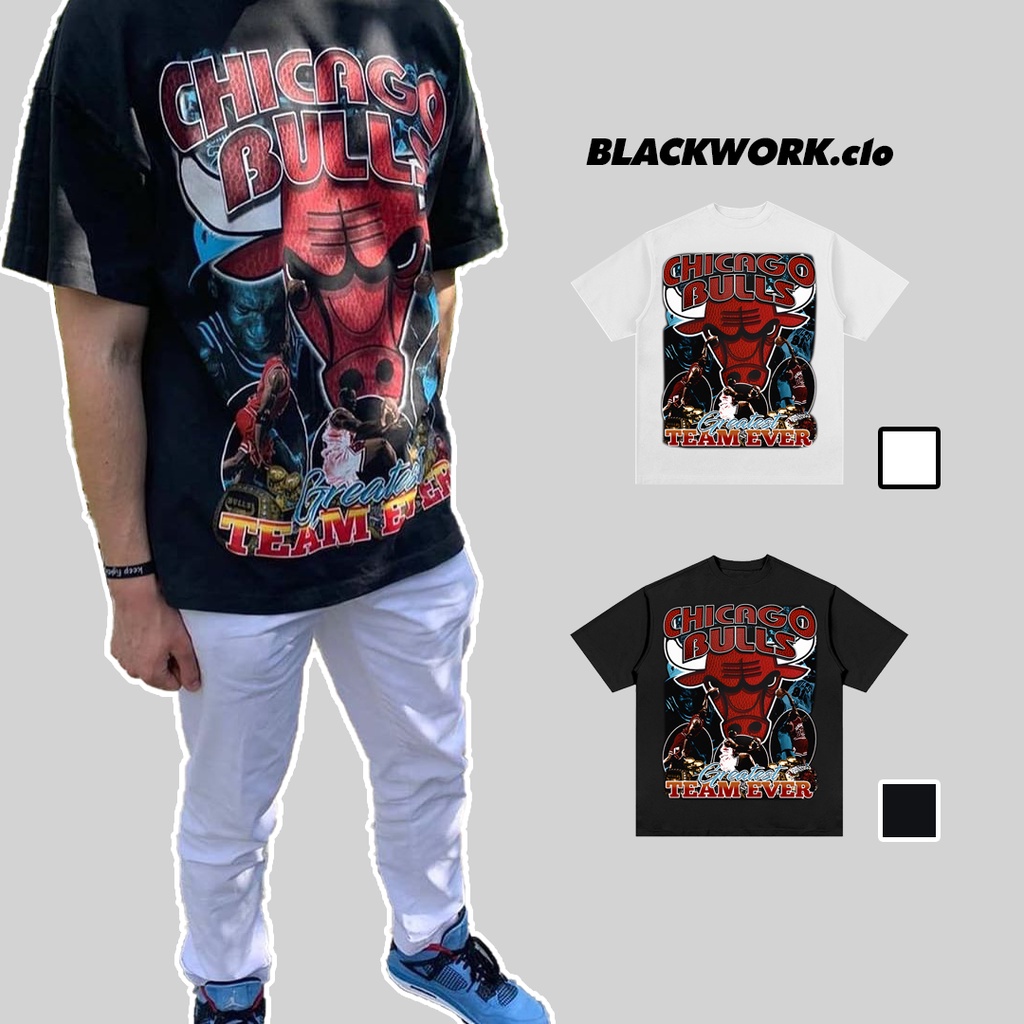Áo Thun Vintage Chicago Bulls Tay Lỡ Unisex - Đen/Trắng Cổ Tròn | Blackwork