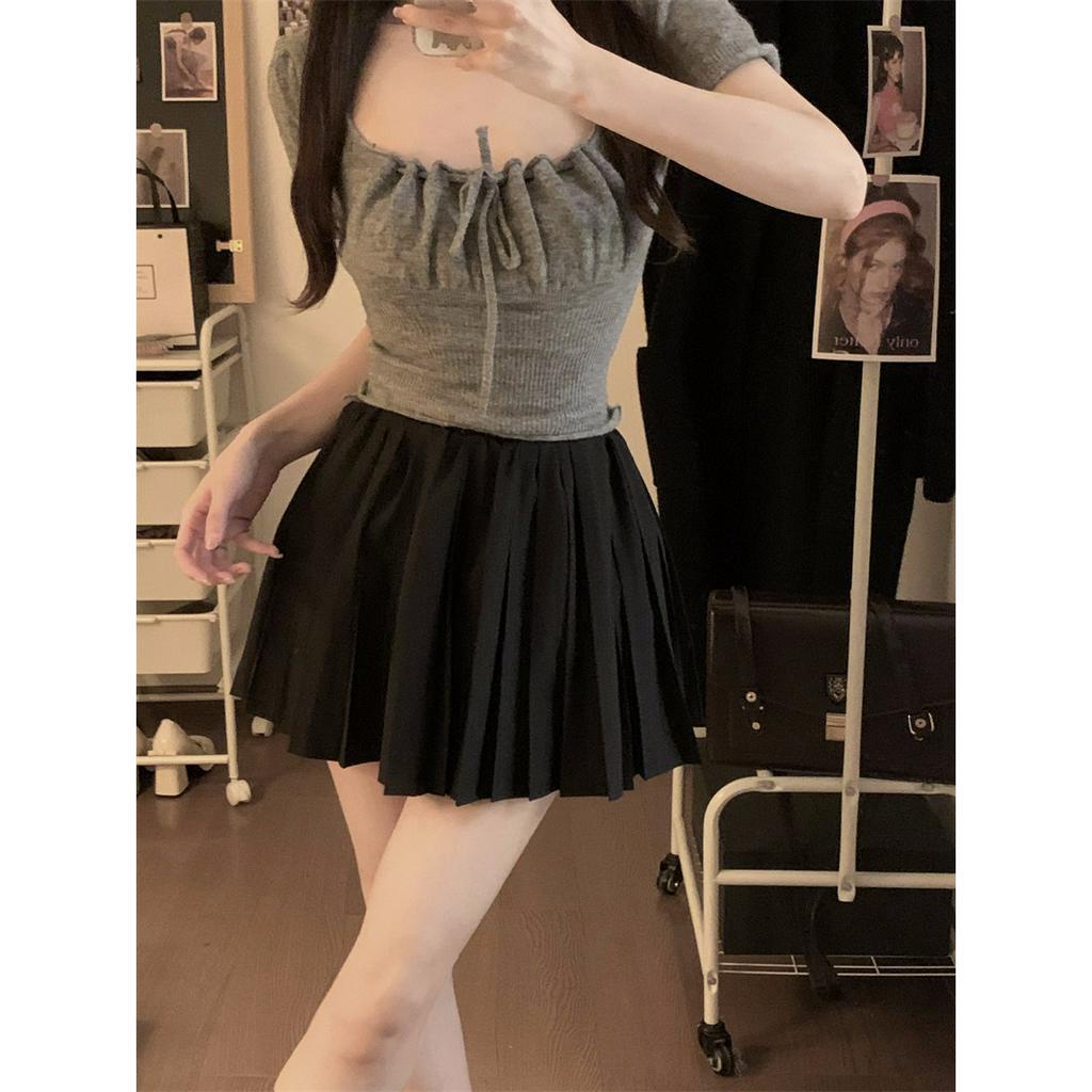 Xiaozhainv Chân Váy Chữ A Lưng Cao Xếp Ly Màu Sắc Đơn Giản Phong Cách Hàn Quốc Cho Nữ