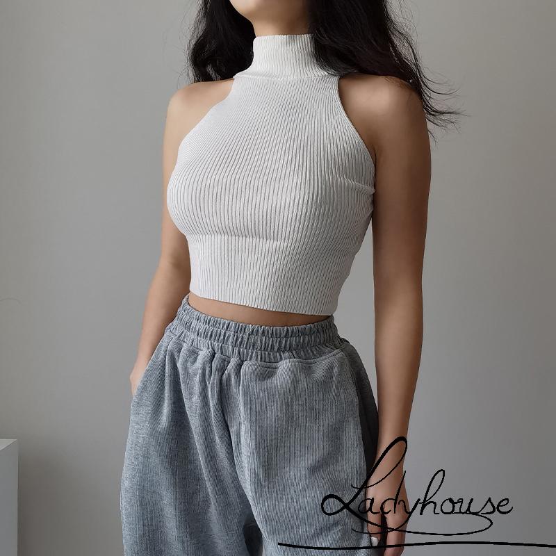 Áo Croptop Không Tay Cổ Tròn Màu Trơn Có Gân Cho Nữ