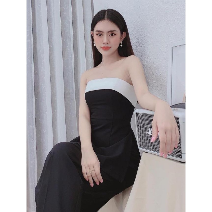 Áo cúp ngực trễ vai đen viền trắng xẻ lai siêu xinh