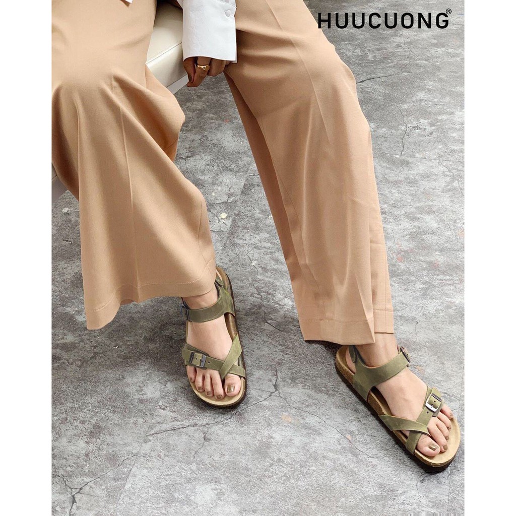 Giày Sandal Xỏ Ngón HUUCUONG Quai Da Thật Màu Xanh Rêu Đế Trấu