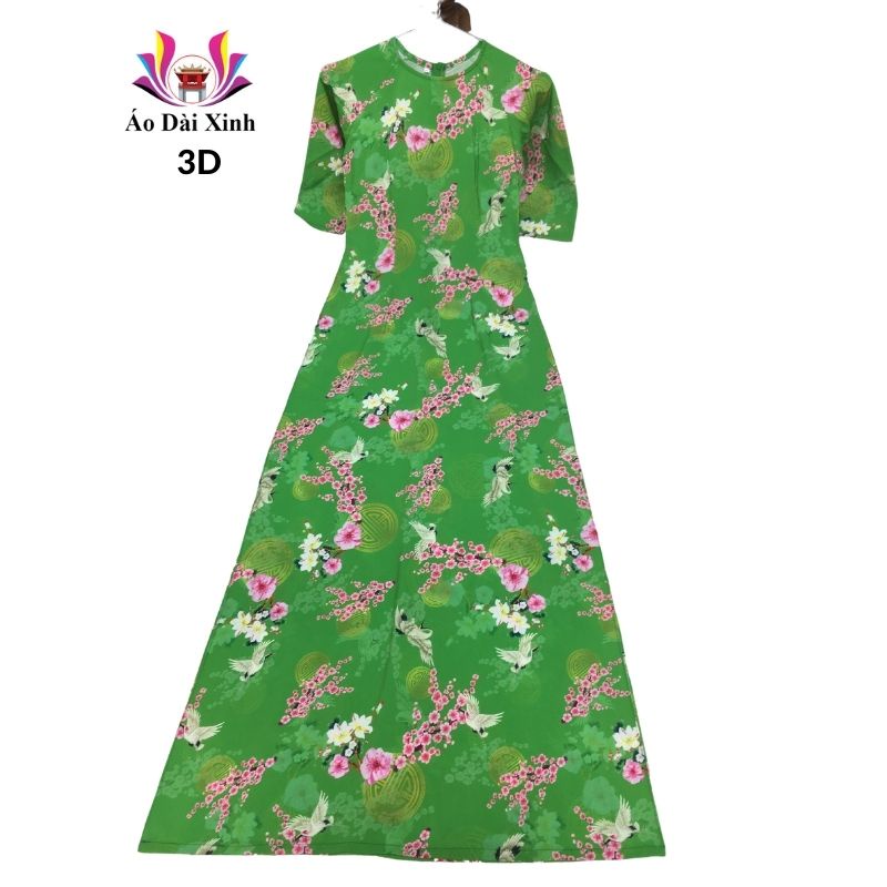 Áo dài truyền thống in 3D cổ tròn tay lỡ màu xanh cò và hoa đào