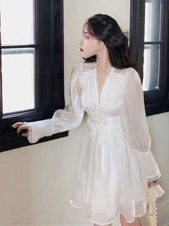 Đầm Lụa Phi Bóng Phối Tay Voan Hở Lưng‼️‼️