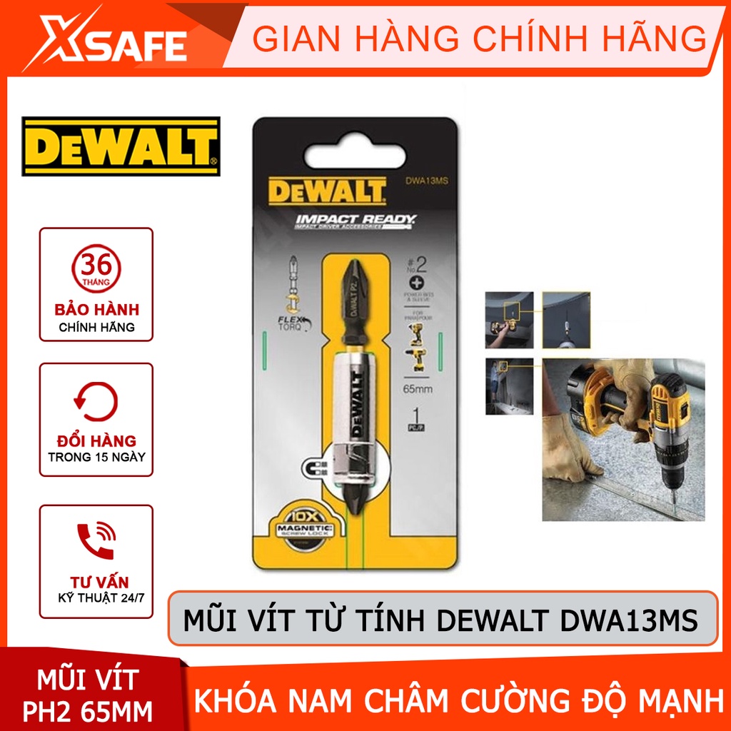 Mũi vít từ tính Dewalt DWA13MS kích thước PH2x65mm khóa nam châm 13mm, chất liệu thép Cro cao cấp - chính hãng
