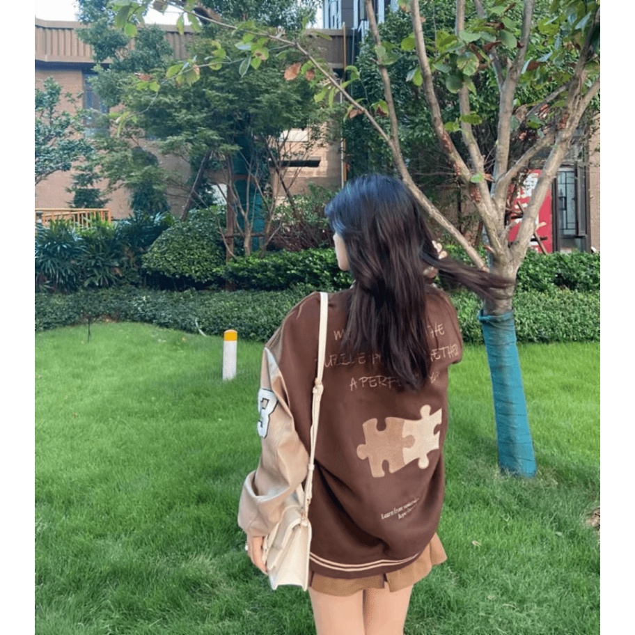 Áo Khoác Nỉ Nữ Màu Nâu Kiểu Bomber Phong Cách Bóng Chày Form Rộng Mặc Thoáng Mát NEW UNISEX