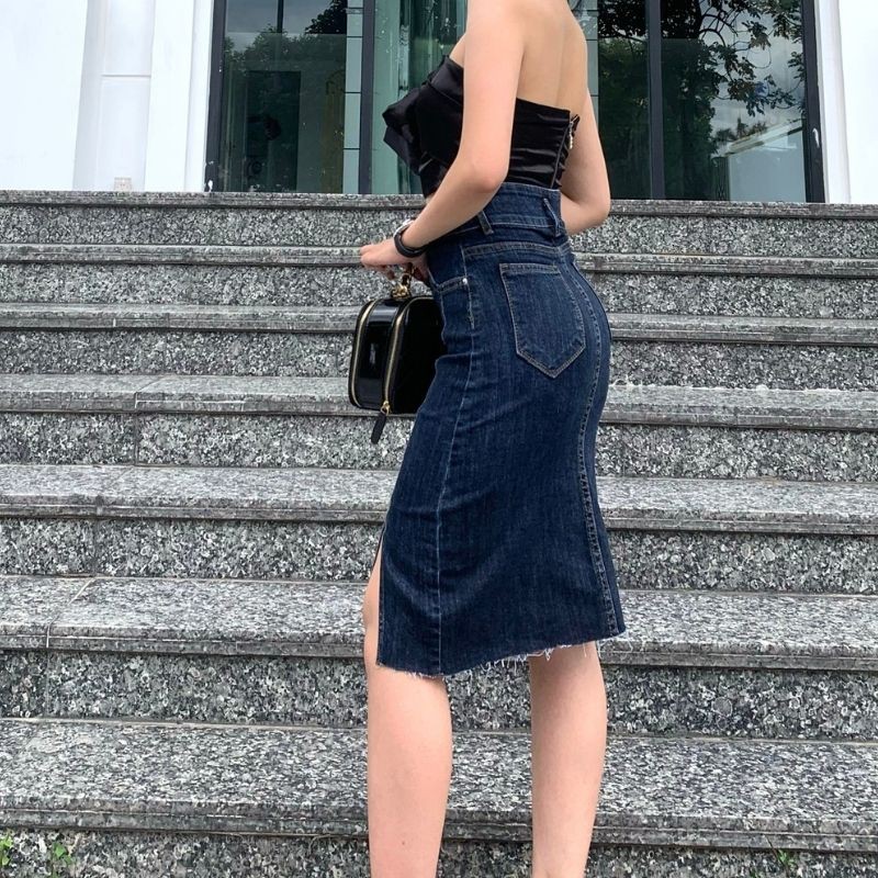 Chân váy jean dài Jeanny Jeans chữ a lưng cao co giãn 4 chiều chân váy bò nâng mông qua gối  188