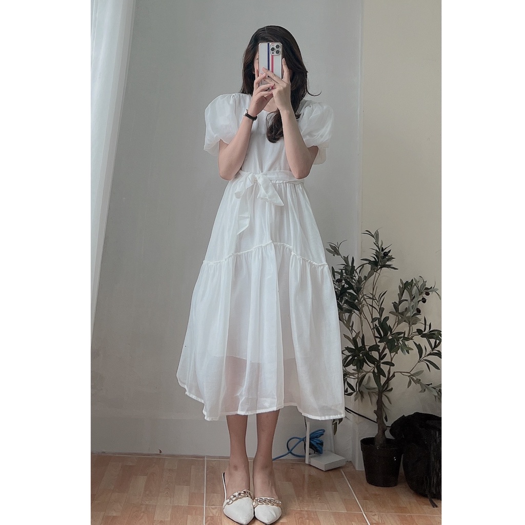Đầm Váy Trắng Công Chúa Bồng Bềnh Thắt Nơ Eo Xinh