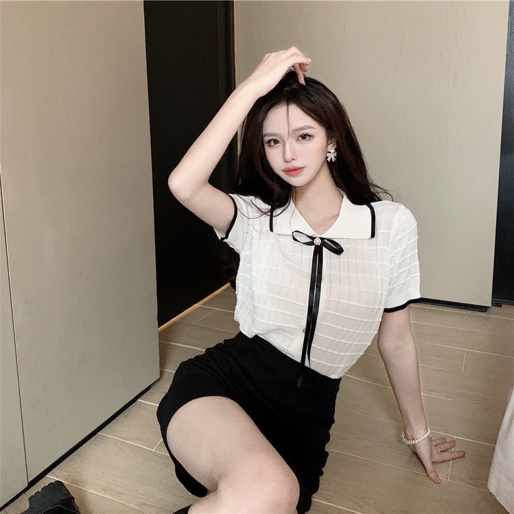 Áo thun tay ngắn đính nơ phối màu phong cách hàn quốc thời trang mùa hè cho nữ 2021