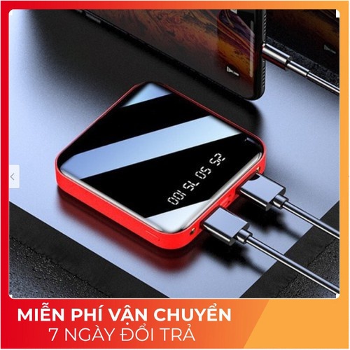 Pin Sạc Dự Phòng mini Siêu Mỏng Mặt Kính Nhỏ Gọn Power Bank 20000mAh Đèn Led Chữ Số 2 Cổng Đầu Ra USB