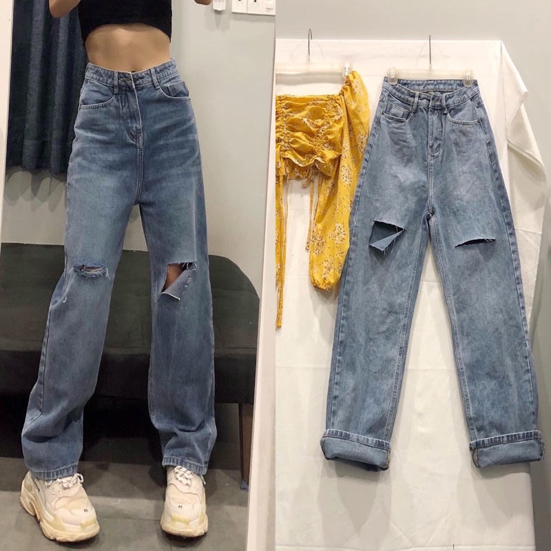 QUẦN JEANS DÁNG SIÊU DÀI RÁCH DÁNG XUÔNG [hình thật