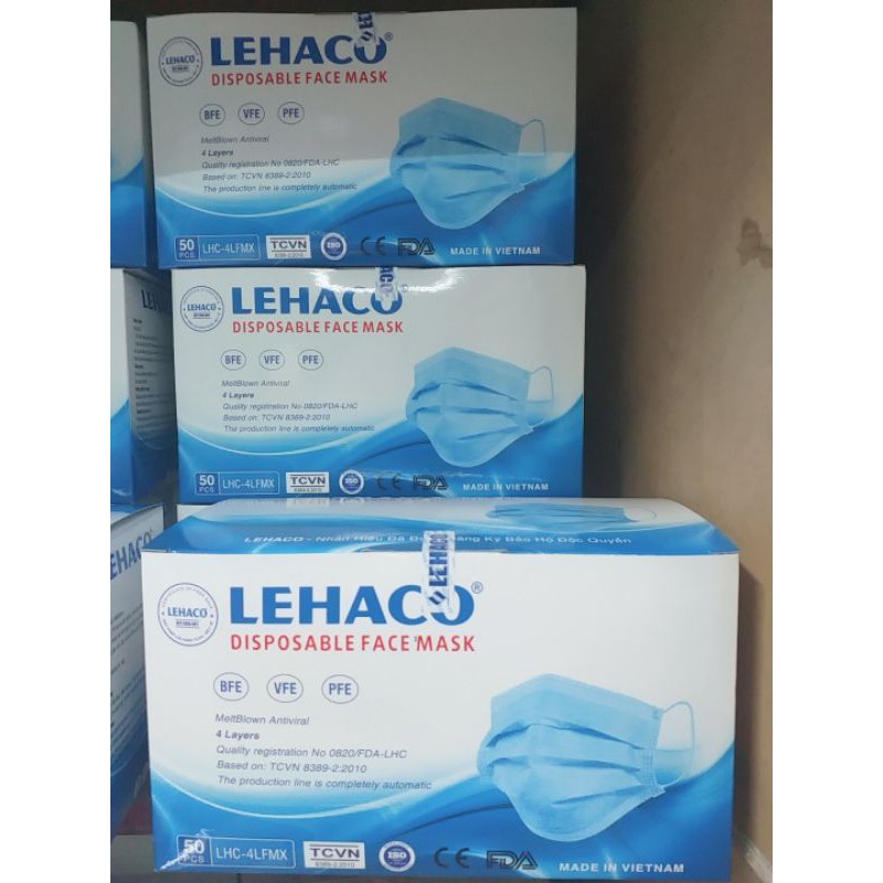 khẩu trang y tế lehaco màu xanh, xám, hồng, bốn lớp. hộp 50 cái