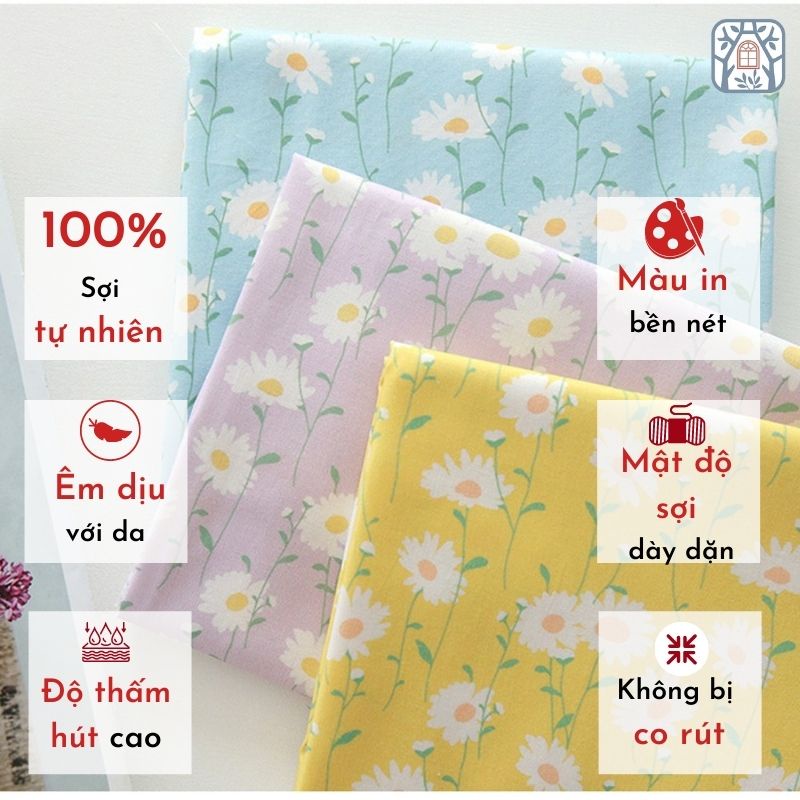 CO-125 Vải cotton 100% tự nhiên🍒Cottonvil🍒khổ vải 110cm, hoa cúc - vải đẹp handmade, quilt, may quần áo