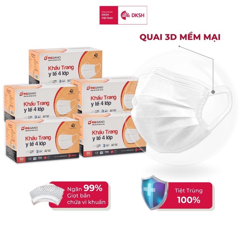 Combo 5 Hộp khẩu trang y tế quai 3D mới 4 lớp HQGANO  kháng khuẩn, đạt chuẩn xuất khẩu, không mùi, chất liệu cực mềm mại
