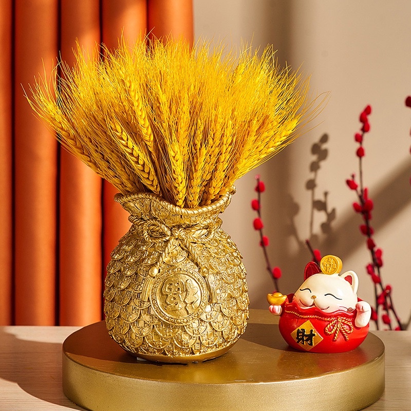 Bình hoa tài lộc may mắn hình túi tiền kèm có lúa mạch khô