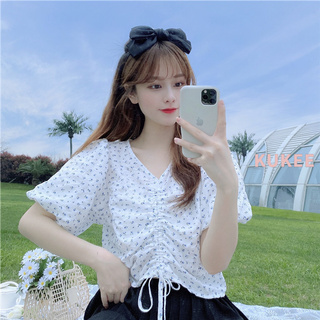 Áo Croptop Tay Bồng Cổ Chữ V Phối Dây Rút Phong Cách Trẻ Trung Thời Trang 2021 Cho Phụ Nữ