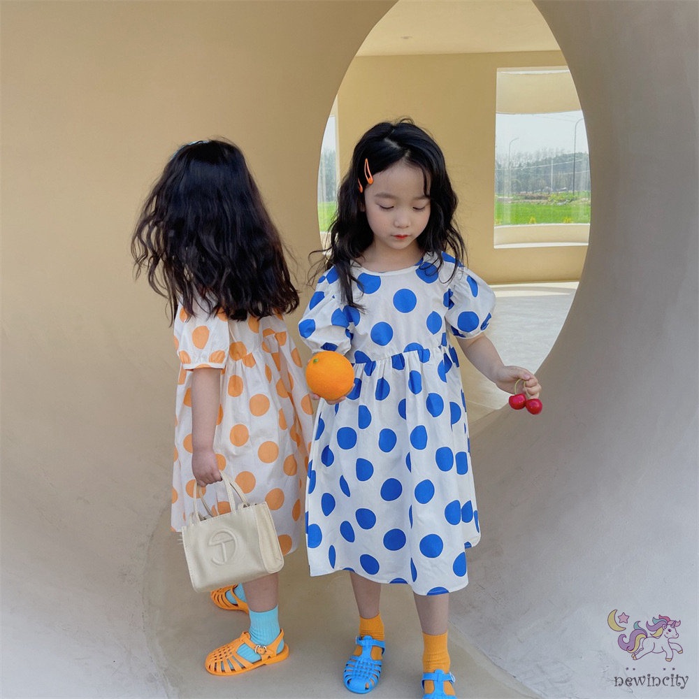 Đầm Tay Phồng Ngắn Họa Tiết Chấm Bi Thời Trang Mùa Hè Hàn Quốc Cho Bé Gái