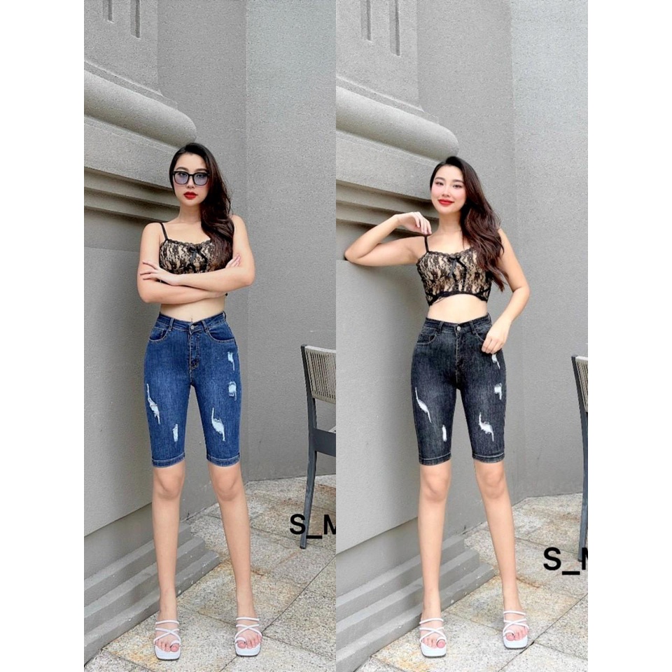 Quần jean lửng gối nữ lưng cao mẫu rách hàng co giãn