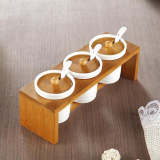 Bộ gia vị bằng gốm nắp gỗ