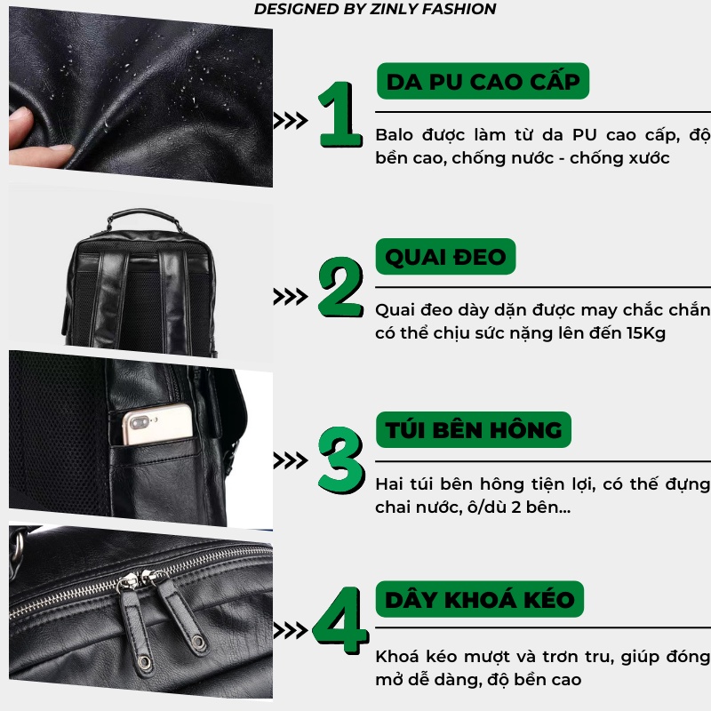 Balo Da Thời Trang Nam Nữ, Balo Da PU Cao Cấp Đựng Laptop 15,6 inh, Chống Nước Phong Cách Hàn Quốc - Zinly