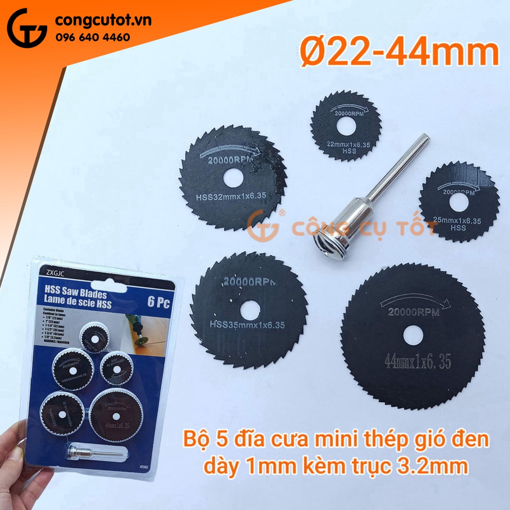 Bộ 5 lưỡi cưa mini thép gió đen dày 1mm kèm trục 3.2mm đường kính 22, 25, 32, 35, 44mm