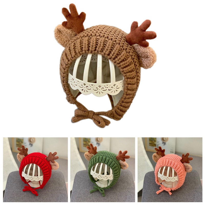 Mũ beanie giữ ấm tai chống gió kèm dây đeo hình tuần lộc dễ thương cho bé sơ sinh