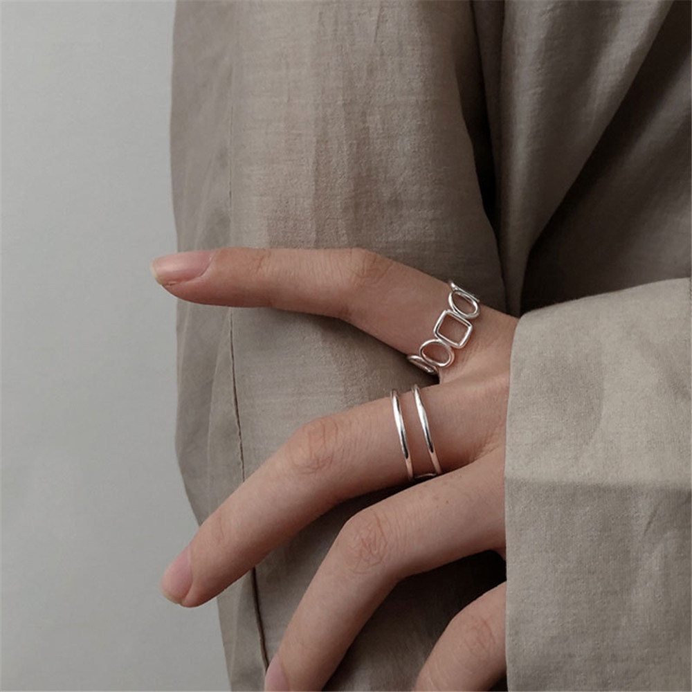 Set 2 Nhẫn Hở Hai Lớp Màu Bạc Tùy Chỉnh Phong Cách Hàn Quốc Cho Nam Và Nữ