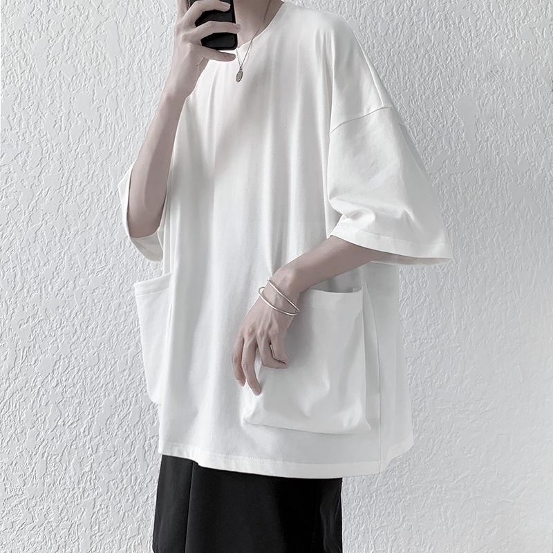 Áo Thun Cotton Ngắn Tay Dáng Rộng Phối Túi Thời Trang Mùa Hè Hàn Quốc Dành Cho Nam