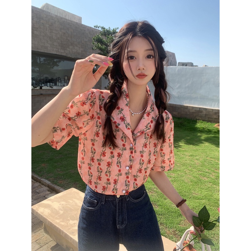 Áo Sơ Mi Tay Ngắn Họa Tiết Hoa Phong Cách retro Thời Trang Hàn Quốc Cho Nữ