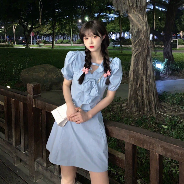 AMOI Đầm Tay Phồng Cổ Chữ V Màu Trơn Dễ Thương Dành Cho Nữ 2022