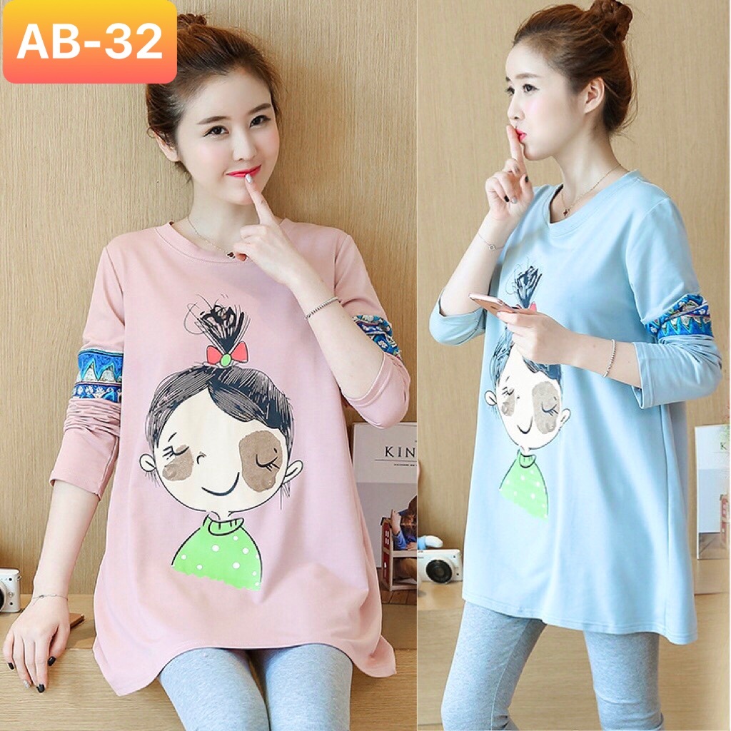 Áo bầu cotton dài tay, in hình cô gái, trẻ trung cá tính cho mẹ bầu mặc nhà đi chơi