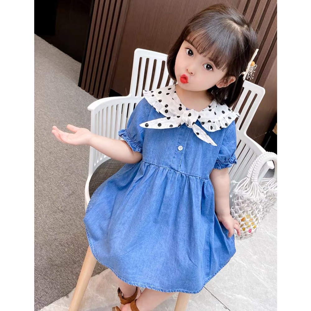 Đầm cổ yếm họa tiết chấm bi cho bé gái từ 6 tháng đến 3 tuổi
